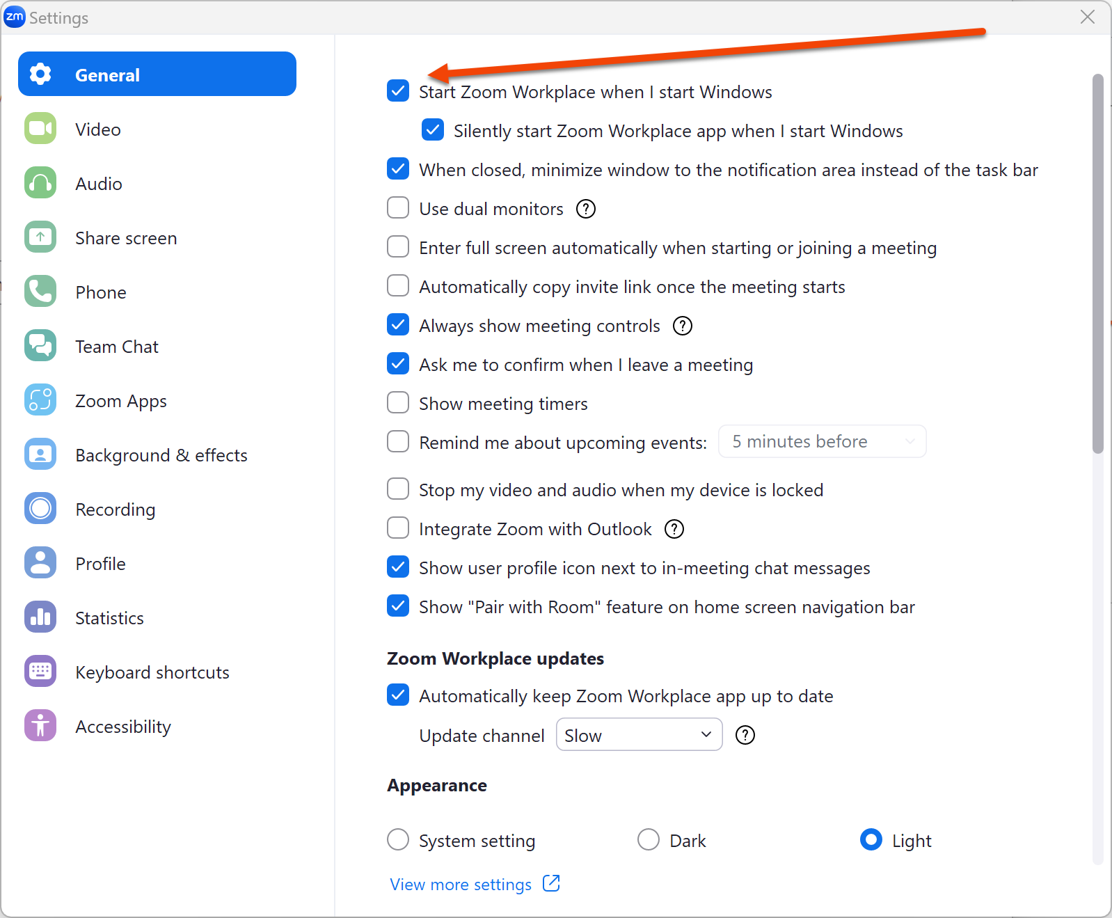This image shows the Settings window for Zoom Workplace. The left sidebar lists various setting categories, with "General" currently selected. The main panel displays several options and checkboxes for configuring Zoom's behavior: Start Zoom Workplace when Windows starts (checked) Silently start Zoom Workplace app when Windows starts (checked) Minimize window to notification area instead of task bar when closed (checked) Use dual monitors (unchecked)